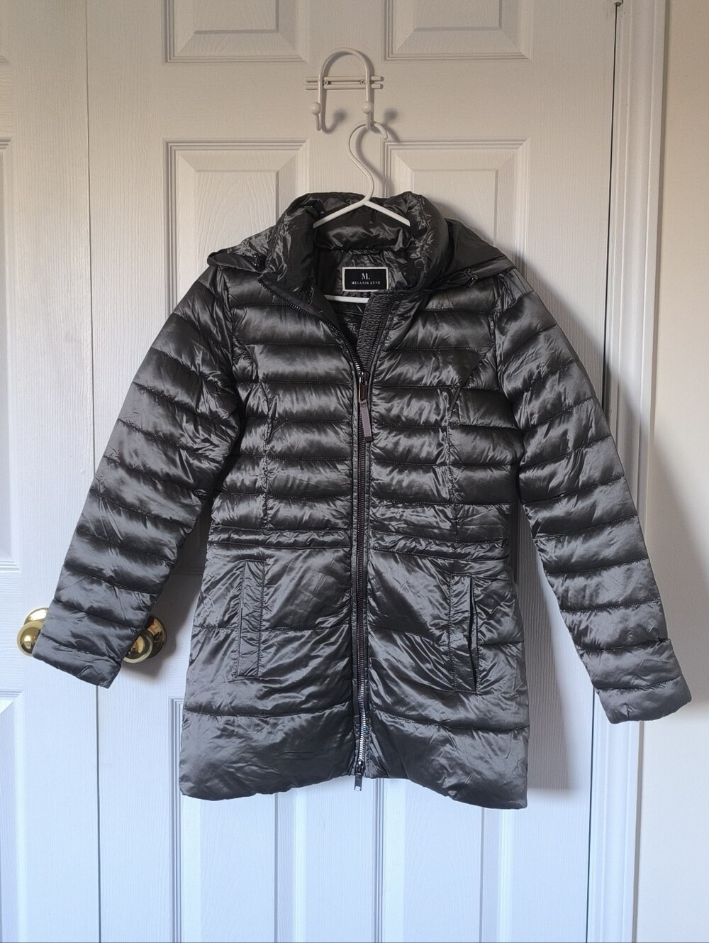 Melanie Lyne Women’s Hooded Winter Fall Puffer Coat - Dark Gray/Silver
